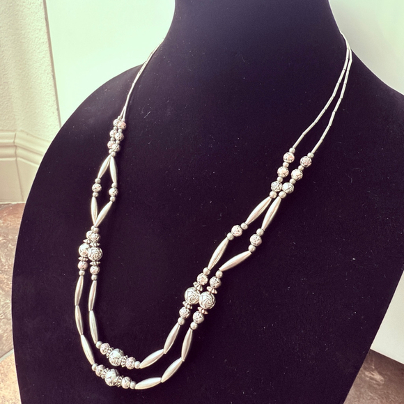Native American Navajo Bead Cylinder Sterling Silver Two Strand Necklace 26" - Picture 2 of 6